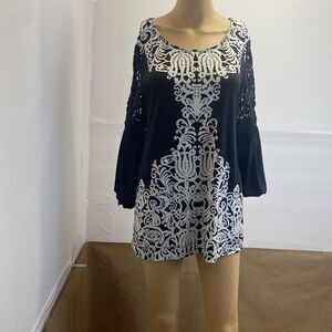 ALFANI Women‎ Tunic Black White Floral Round Neck 3/4 Sleeve Stretch Top S Used